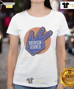 Official Brunson Burner New York Knicks Ladies Tee in vibrant blue, perfect for female fans showing team pride.