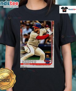 Official Bryce Harper Philadelphia Phillies 2019 Topps baseball card featured on a ladies tee shirt.