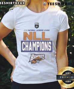 Alt Text: Official Buffalo Bandits 2025 NLL Cup Champions logo on a ladies' tee, celebrating the team's victory in lacrosse.