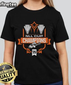 Official Buffalo Bandits 2025 NLL Cup Champions ladies tee showcasing team pride and championship celebration.