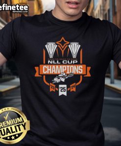 Official Buffalo Bandits 2025 NLL Cup Champions T-Shirt featuring team logo and championship graphics in vibrant colors.