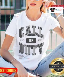 Official Call of Duty Alumnus logo on a ladies tee, established 2003, perfect for gaming enthusiasts and fans.