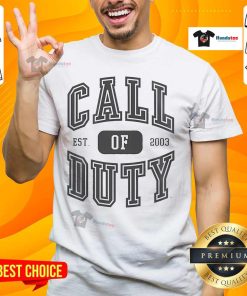 Alt Text: Official Call Of Duty Alumnus Logo T-Shirt, established 2003, featuring a bold graphic design and gaming theme.