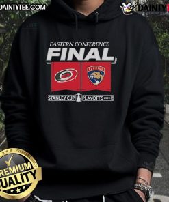 Official Carolina Hurricanes vs Florida Panthers 2025 Eastern Conference Finals matchup hoodie with center ice design.