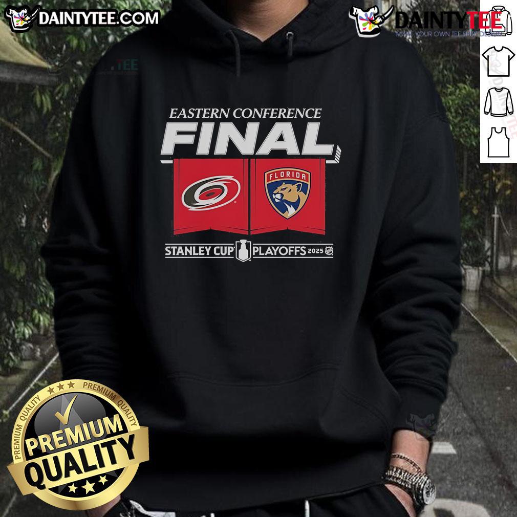 Official Carolina Hurricanes Vs Florida Panthers 2025 Eastern Conference Finals Matchup Center Ice Hoodie Official Carolina Hurricanes vs Florida Panthers 2025 Eastern Conference Finals matchup hoodie with center ice design.