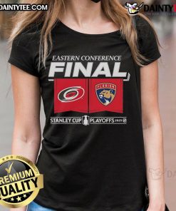 Official Carolina Hurricanes vs Florida Panthers 2025 Eastern Conference Finals matchup center ice ladies tee shirt design.
