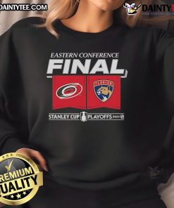 Official Carolina Hurricanes vs Florida Panthers 2025 Eastern Conference Finals matchup center ice sweatshirt design.
