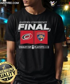 Official Carolina Hurricanes vs Florida Panthers 2025 Eastern Conference Finals T-Shirt featuring center ice design.