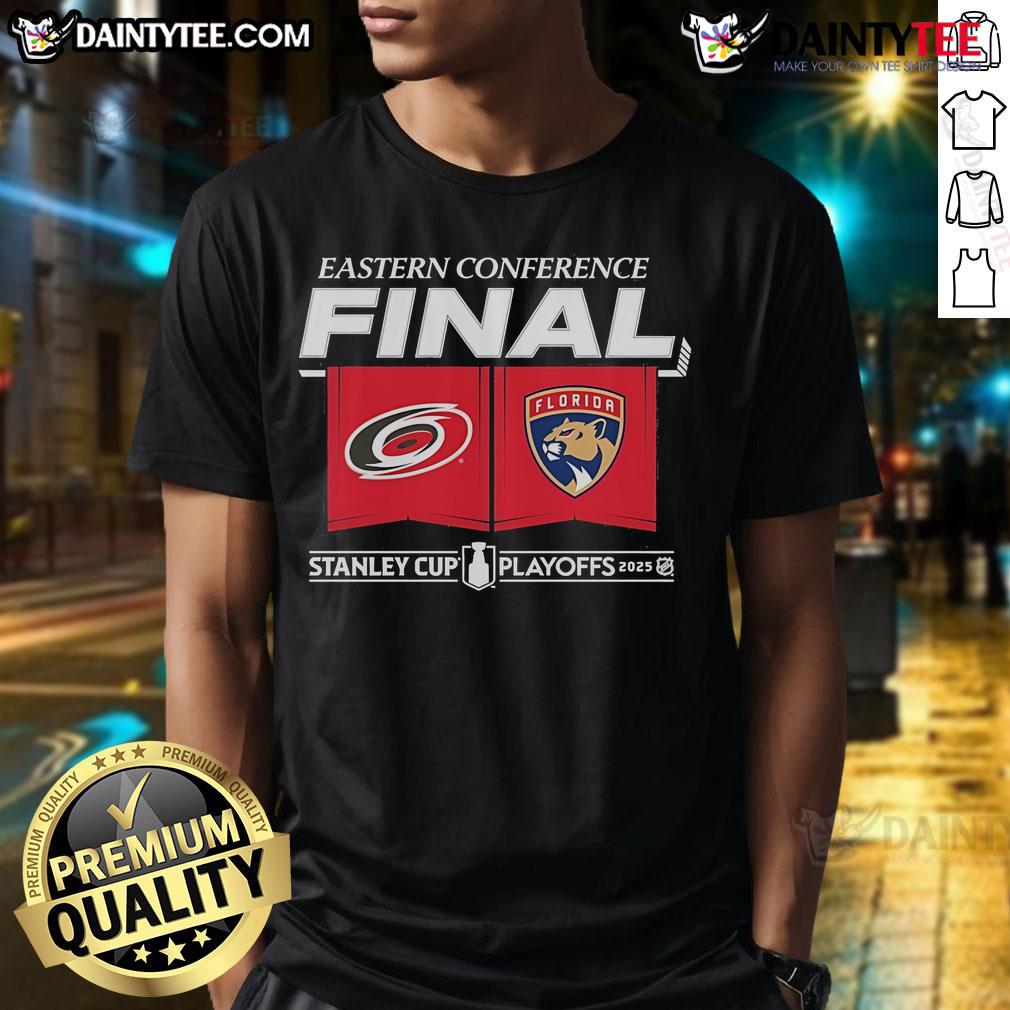 Official Carolina Hurricanes Vs Florida Panthers 2025 Eastern Conference Finals Matchup Center Ice T-Shirt Official Carolina Hurricanes vs Florida Panthers 2025 Eastern Conference Finals T-Shirt featuring center ice design.