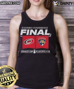 Carolina Hurricanes vs Florida Panthers 2025 Eastern Conference Finals matchup displayed on center ice tank top design.
