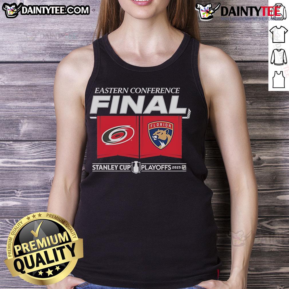 Official Carolina Hurricanes Vs Florida Panthers 2025 Eastern Conference Finals Matchup Center Ice Tank Top Carolina Hurricanes vs Florida Panthers 2025 Eastern Conference Finals matchup displayed on center ice tank top design.