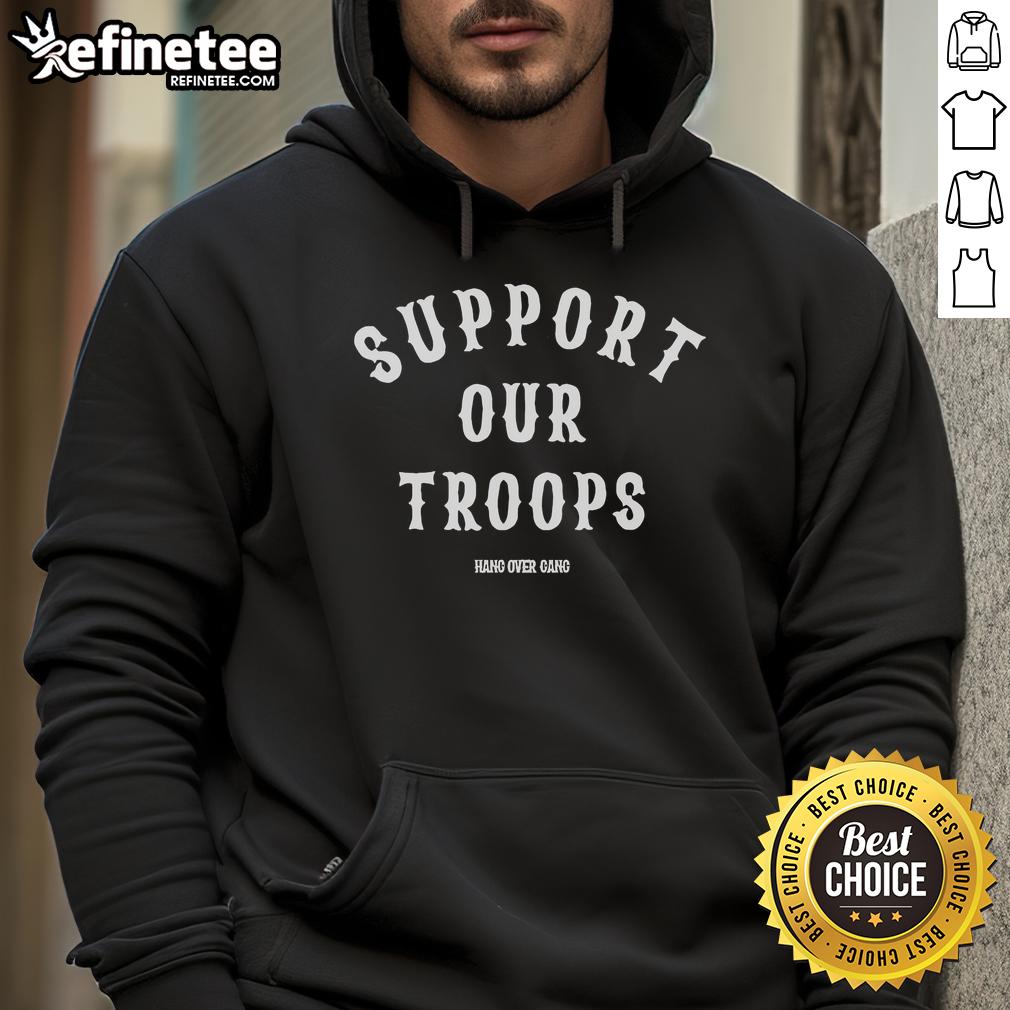 Official Charity Shirt Support Our Troops Hang Over Gang Hoodie Alt Text: Official Charity Shirt Support Our Troops Hang Over Gang Hoodie in navy blue with patriotic design and logo.