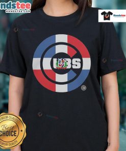 Alt Text: Official Chicago Cubs Dominican Republic Flag logo on a ladies' tee, perfect for fans celebrating their heritage.