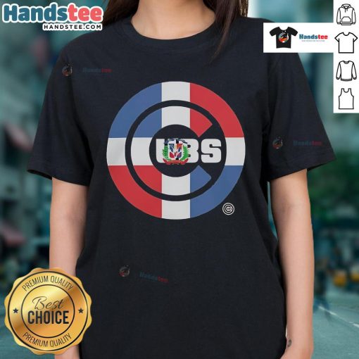 Alt Text: Official Chicago Cubs Dominican Republic Flag logo on a ladies' tee, perfect for fans celebrating their heritage.