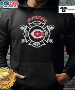 Official Cincinnati Reds Fire Dept hoodie worn by firefighters, showcasing team pride and fire safety in vibrant colors.