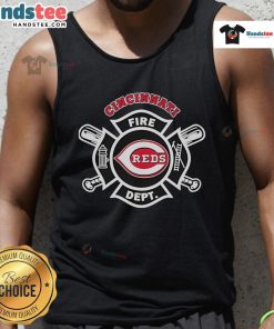 Official Cincinnati Reds Fire Dept firefighters tank top featuring a bold logo and vibrant team colors for fans.