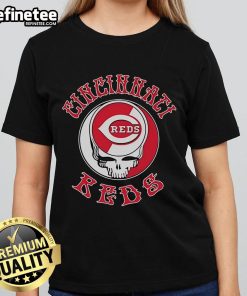 Alt Text: Official Cincinnati Reds Grateful Dead Skull Ladies Tee featuring vibrant graphics and a stylish design for fans.