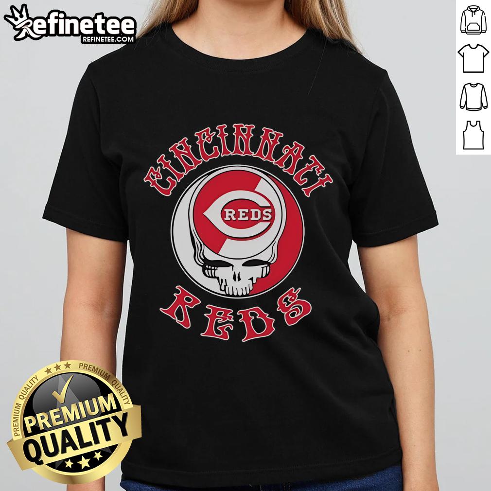 Official Cincinnati Reds Grateful Dead Skull Ladies Tee Alt Text: Official Cincinnati Reds Grateful Dead Skull Ladies Tee featuring vibrant graphics and a stylish design for fans.