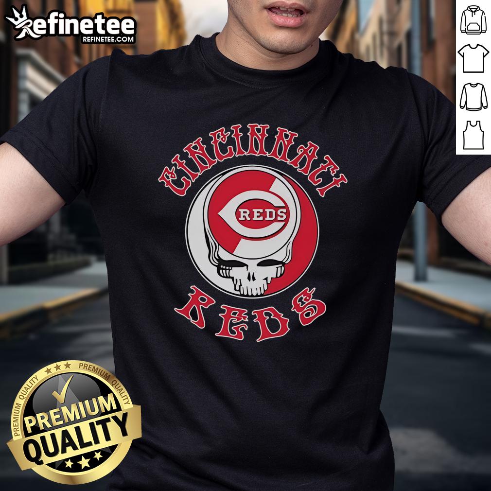 Official Cincinnati Reds Grateful Dead Skull T Shirt Alt Text: Official Cincinnati Reds Grateful Dead Skull T-Shirt featuring a vibrant graphic of the iconic skull design.