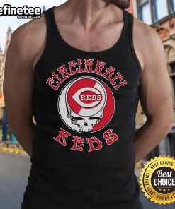 Alt Text: Official Cincinnati Reds Grateful Dead Skull Tank Top featuring a vibrant skull design and team colors. Perfect for fans!