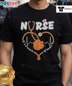 Alt Text: Official Clemson Tigers Nurse It's A Work of Heart T-Shirt showcasing Clemson pride and nursing dedication.