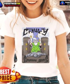 Alt Text: Official Crawly Gnome Gang Ladies Tee featuring a colorful gnome design, perfect for casual wear and gnome enthusiasts.