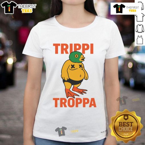 Alt Text: Crawly Goat Trippi Troppa Ladies Tee featuring vibrant design and comfortable fit for casual wear.