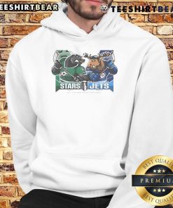 Dallas Stars vs Winnipeg Jets 2025 Western Conference Semi-Finals mascot hoodie featuring team logos and vibrant colors.