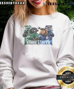 Official Dallas Stars vs Winnipeg Jets 2025 2nd Round Semi-Finals sweatshirt featuring team mascots in vibrant colors.