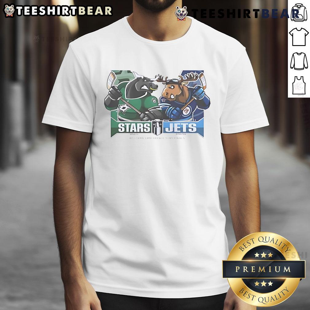 Official Dallas Stars Vs Winnipeg Jets 2025 2nd Round Matchups Western Conference Semi Finals Mascot T-Shirt Official Dallas Stars vs Winnipeg Jets 2025 Western Conference Semi Finals mascot T-shirt design featuring team logos.
