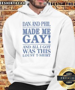 Official Dan and Phil Made Me Gay hoodie displayed on a hanger, showcasing its unique design and vibrant colors.