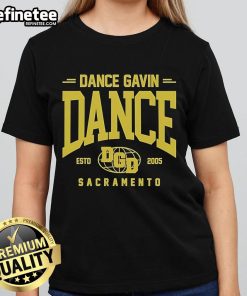 Alt Text: Official Dance Gavin Dance globe logo on a stylish ladies tee, perfect for fans of the band and casual wear.