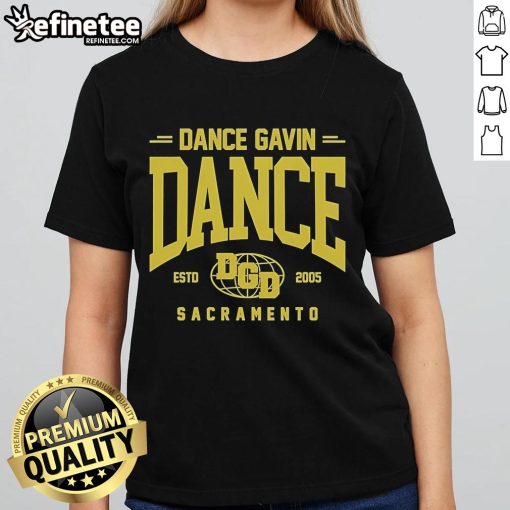 Alt Text: Official Dance Gavin Dance globe logo on a stylish ladies tee, perfect for fans of the band and casual wear.