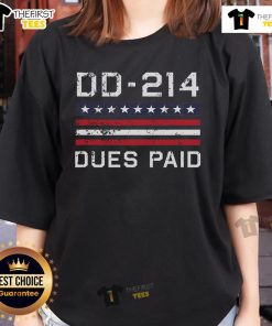 Official DD 214 Dues Paid US Military Veteran Alumni Ladies Tee featuring patriotic flag design.