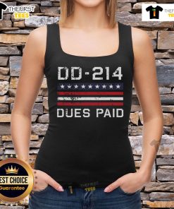 Official DD 214 dues paid US military veteran alumni tank top featuring a patriotic flag design.