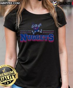 Official Denver Nuggets fan banner on a ladies tee showcasing team colors and logo for passionate supporters.