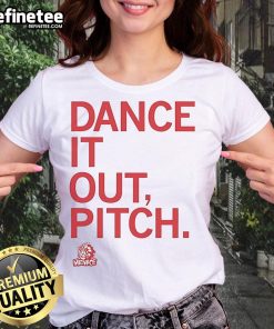 Alt Text: Official Des Moines Menace Dance It Out Pitch ladies tee featuring vibrant design for passionate soccer fans.