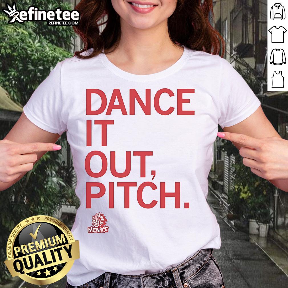 Official Des Moines Menace Dance It Out Pitch Ladies Tee Alt Text: Official Des Moines Menace Dance It Out Pitch ladies tee featuring vibrant design for passionate soccer fans.