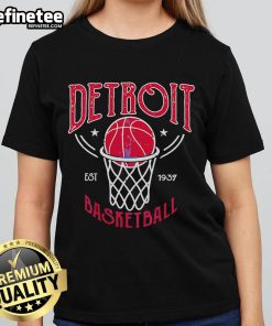 Alt Text: Official Detroit Basketball Vintage Est 1937 Ladies Tee featuring classic design and team colors.