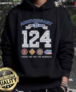 Alt Text: Official Detroit Tigers 124th Anniversary hoodie featuring signatures and a heartfelt Thank You For The Memories message.