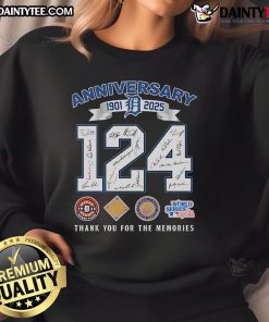 Alt Text: Official Detroit Tigers 124th Anniversary sweatshirt featuring signatures and 'Thank You For The Memories' design.