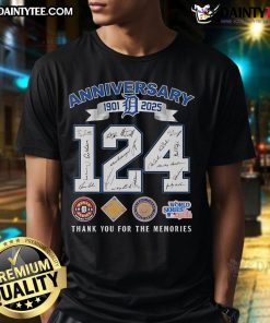 Official Detroit Tigers 124th Anniversary T-Shirt featuring signatures, celebrating 1901-2025 and thanking fans for memories.