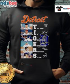 Alt Text: Official Detroit Tigers hoodie featuring signatures of Tarik Skubal, Colt Keith, and Gleyber Torres for fans.