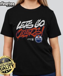 Edmonton Oilers Royal 2025 Stanley Cup Playoffs Ladies Tee with vibrant logo and slogan, perfect for fans supporting their team.