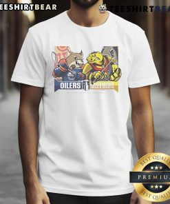 Official Edmonton Oilers vs Vegas Golden Knights 2025 2nd Round Matchup Western Conference T-Shirt featuring team logos.