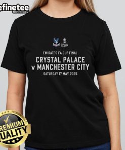 Alt Text: Official Emirates FA Cup Final 2025 Ladies Tee featuring Crystal Palace vs Manchester City design.