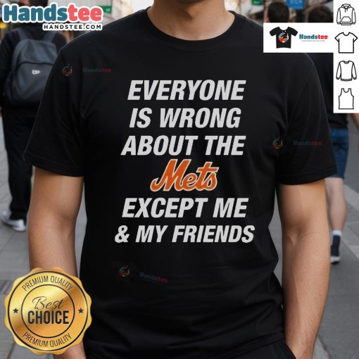 Alt Text: Official Everyone Is Wrong About The Mets Except Me & My Friends T-Shirt featuring bold text and a stylish design.