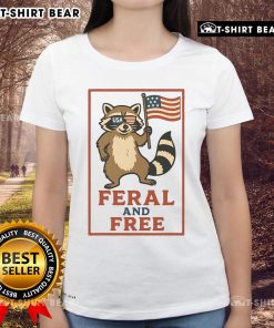 Alt Text: Feral and Free raccoon graphic on America flag ladies tee, perfect for patriotic animal lovers.
