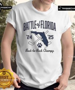 Alt Text: Official Florida Hockey Battle Of Florida Back To Back Champs T-Shirt featuring team logos and championship graphics.