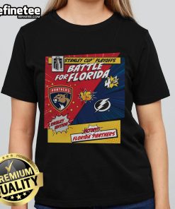 Official Florida Panthers vs Tampa Bay Lightning 2025 Stanley Cup Playoffs rivalry comic pop ladies tee design.